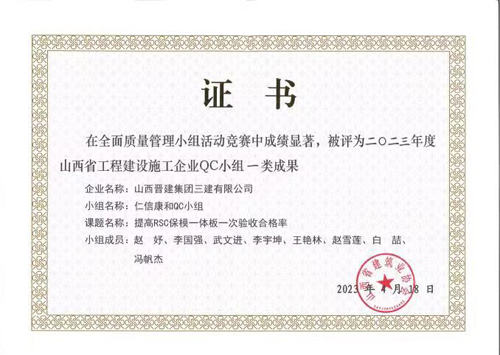 集团三公司仁信康和QC小组获得二〇二三年度山西省工程建设施工企业QC小组一类成果